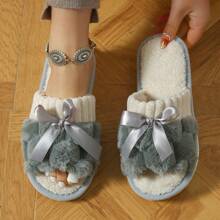 Women's Bunny Fur Bowknot Design Slipper, Comfortable Open Toe, Solid Color House Plush Shoes For Bedroom And Floor Cleaning