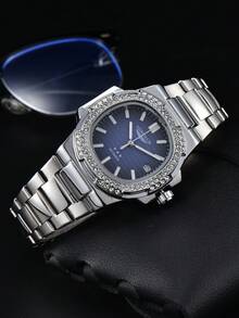 LONGLUX 1pc Men's Waterproof Automatic Mechanical Calendar Watch, Stainless Steel Band With Butterfly Clasp & Decorative Diamonds, Business Style - Silver - View 7