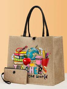 Bolsa de regalo para el Día del Maestro, set de 2 bolsas de tela estampadas, bolso ligero con monedero para compras, viajes, mejor regalo para maestros para el Día del Maestro, mejor regalo para maestros en Navidad - Caqui - Ver 1