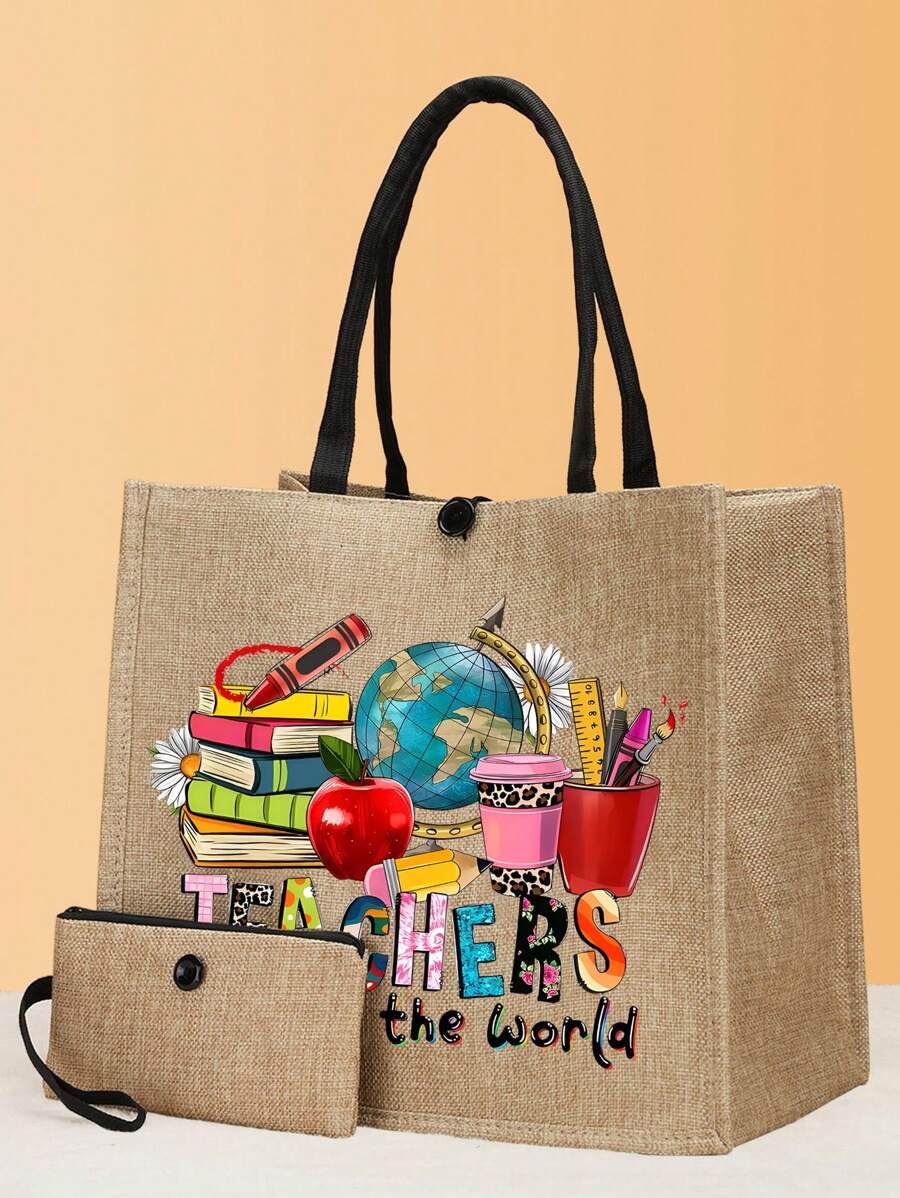 Bolsa de regalo para el Día del Maestro, set de 2 bolsas de tela estampadas, bolso ligero con monedero para compras, viajes, mejor regalo para maestros para el Día del Maestro, mejor regalo para maestros en Navidad - Caqui - Ver 1