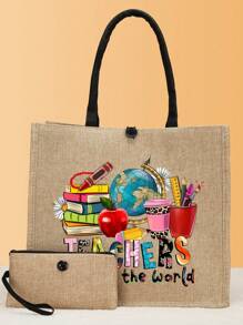 Bolsa de regalo para el Día del Maestro, set de 2 bolsas de tela estampadas, bolso ligero con monedero para compras, viajes, mejor regalo para maestros para el Día del Maestro, mejor regalo para maestros en Navidad - Caqui - Ver 2