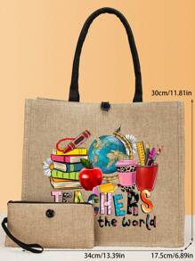 Bolsa de regalo para el Día del Maestro, set de 2 bolsas de tela estampadas, bolso ligero con monedero para compras, viajes, mejor regalo para maestros para el Día del Maestro, mejor regalo para maestros en Navidad - Caqui - Ver 5
