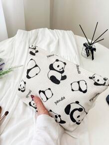 Beige Cute Panda Pattern Corduroy Makeup Bags Clutch Bag Cosmetic Bag Toiletry Bag Fabric Comfortable Large Capacity Portable Travel Storage Bag With Zipper Wash Bag Dormitory Essential Toiletry Bag For Makeup Tools Girl's Gift Holiday Essentials Back To School Essentials Makeup Organizer Make Up Organizer Makeup Storage Makeup Pouch Make Up Pouch