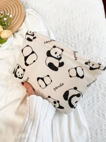 Beige Cute Panda Pattern Corduroy Makeup Bags Clutch Bag Cosmetic Bag Toiletry Bag Fabric Comfortable Large Capacity Portable Travel Storage Bag With Zipper Wash Bag Dormitory Essential Toiletry Bag For Makeup Tools Girl's Gift Holiday Essentials Back To School Essentials Makeup Organizer Make Up Organizer Makeup Storage Makeup Pouch Make Up Pouch