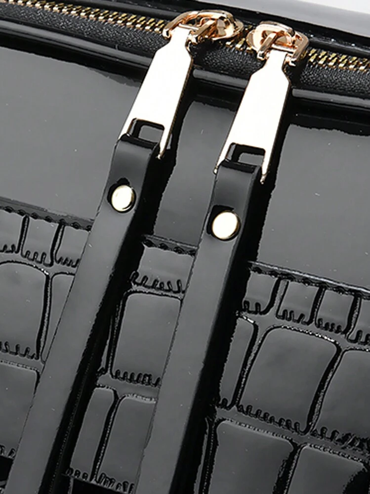 PLANEE Fashionable Faux Leather Crossbody Bag, Women's Shoulder Phone Wallet, Double Zipper Crossbody Bag, Patent Crocodile Pattern Shoulder Bag, Large Capacity Multi-Pocket Adjustable Strap Handbag, Best Mother Day Gifts Ever - Black - View 10