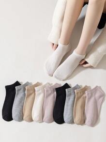 1双/30双装纯色、条纹、平底、提耳混搭款式袜子，简约日系日常百搭，亲肤透气，防臭防滑女士短袜 - 彩色 - 查看 8