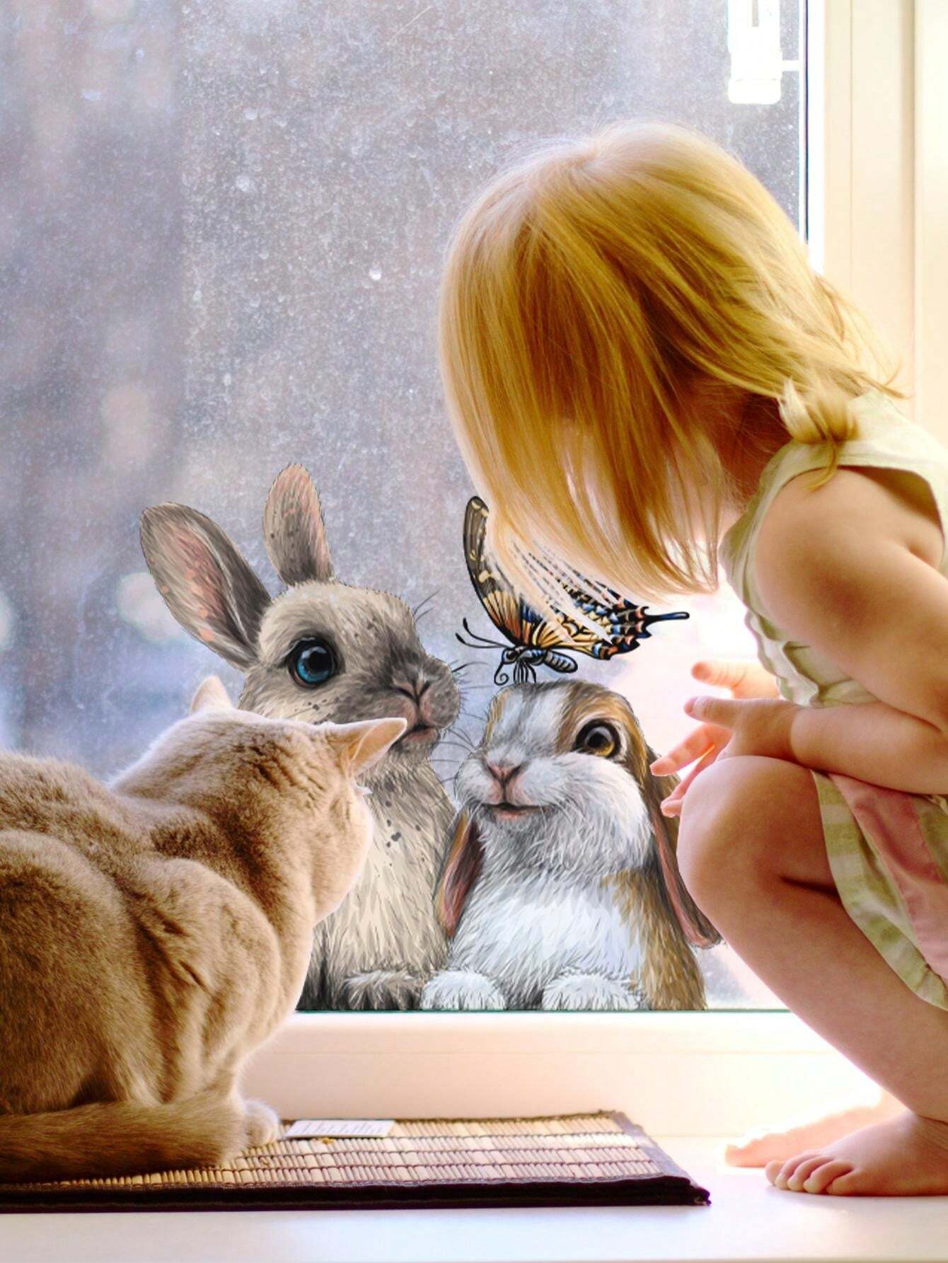 Gray Rabbit And Three Cats Pattern Window Stickers, Waterproof Self