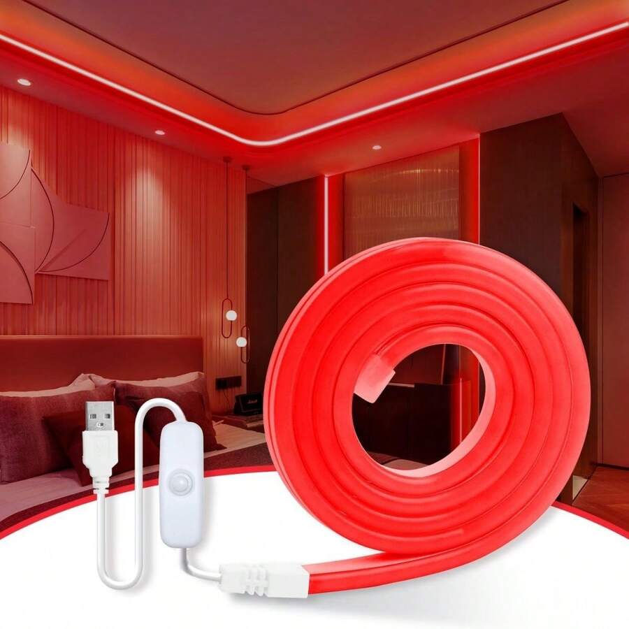 1pc Neon Rope Light 5V USB 9.8ft/3m LED Strip With Red Waterproof Flexible LED Neon Light Strip, Wedding Red LED Light Strip, Wedding Scene Decoration Neon Rope Light, Neon Light Strip With 5V LED Strip, Bedroom Red Light, Party Shaped Neon Strip, Suitable For TV Back-Lighting, Bedroom, Cabinet, Kitchen, DIY Lighting, Outdoor Garden Lighting For Pathway, Yard, Patio