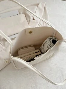 1入簡約復古純色柔軟手感大容量肩揹桶袋，適合女性日常休閒通勤使用 - 米色 - 查看 6