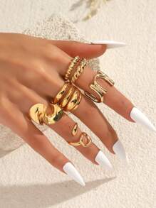 5pcs Set Chunky Plain Band Rings, Suitable For Women's Daily Wear - Yellow Gold - View 1