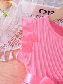 Young Girl Summer New Elegant Butterfly Pattern Flutter Sleeve Patchwork A-Line Dress - Hot Pink - View 4