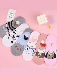 12 Pairs Of Women's Invisible Socks, Tines Girls Cute Socks With Ears, With Animal Cartoons - 彩色 - 查看 7