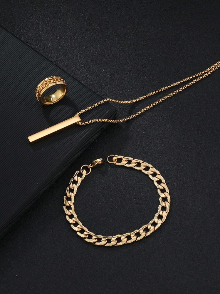 3pcs Stylish Stainless Steel Black Jewelry Set One Embossed Ring One Rectangular Necklace One Textured Bracelet Suitable For Men'S Daily Wear Use - Gold - View 9