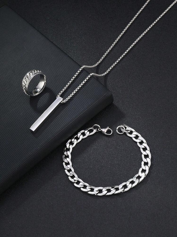 3pcs Stylish Stainless Steel Black Jewelry Set One Embossed Ring One Rectangular Necklace One Textured Bracelet Suitable For Men'S Daily Wear Use - Gold - View 8