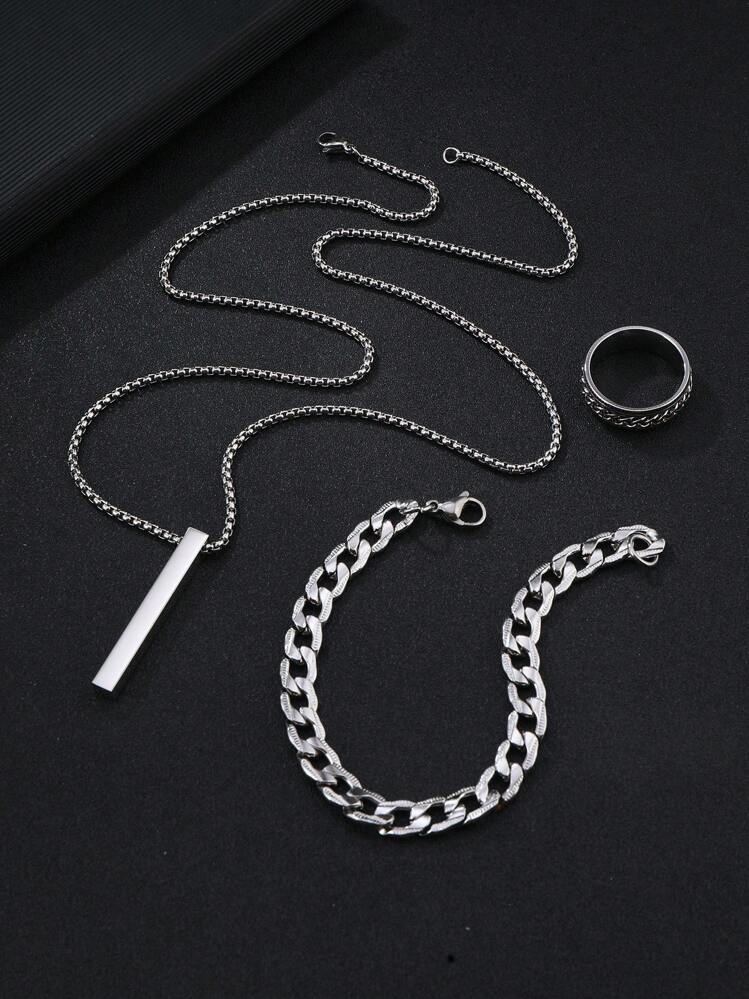 3pcs Stylish Stainless Steel Black Jewelry Set One Embossed Ring One Rectangular Necklace One Textured Bracelet Suitable For Men'S Daily Wear Use - Gold - View 2