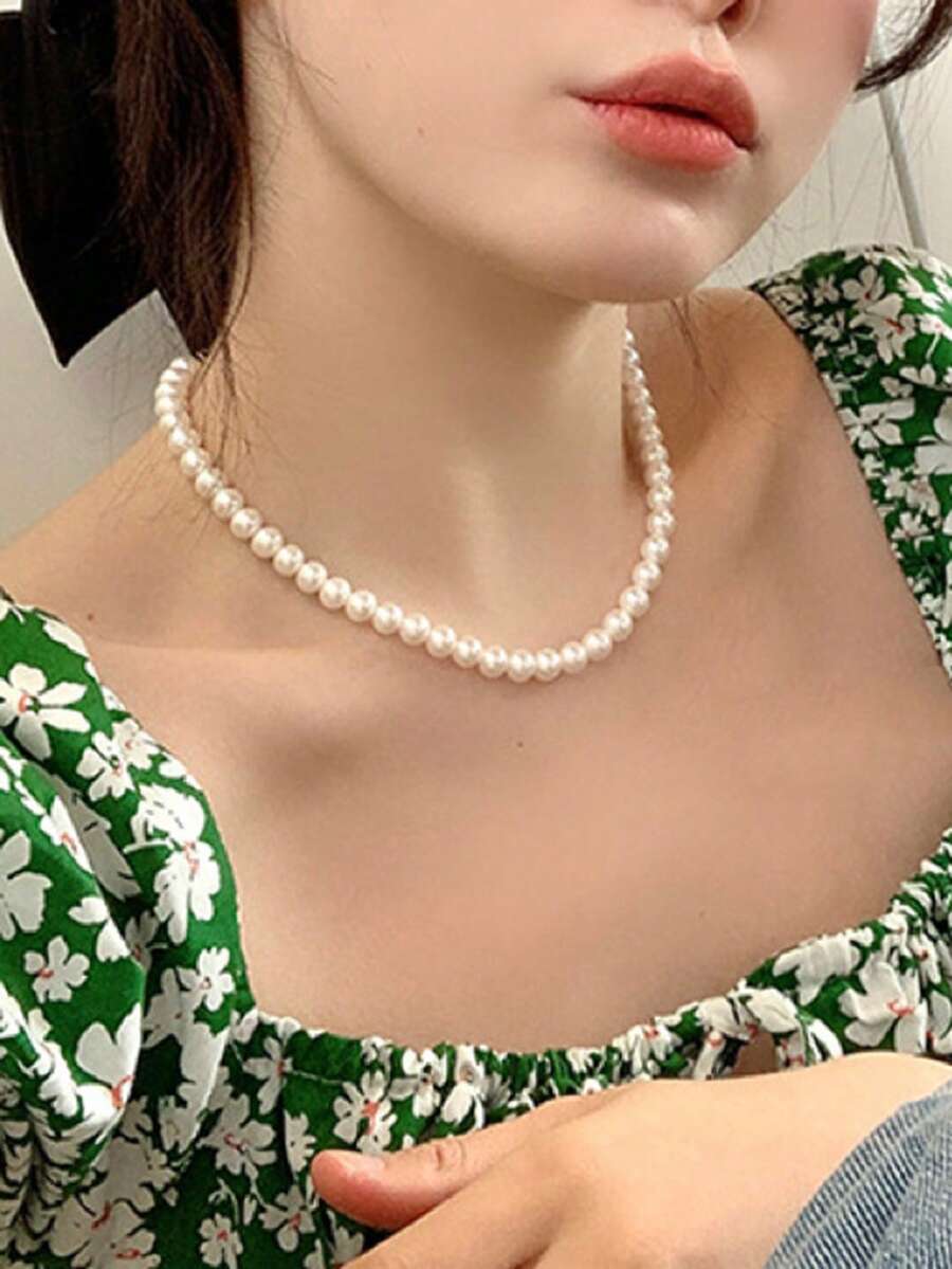 CVNANA 1條法式假珍珠女士項鍊，度假鎖骨鏈，浪漫約會生日禮物