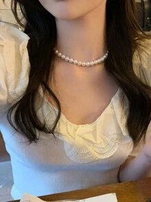 CVNANA 1條法式假珍珠女士項鍊，度假鎖骨鏈，浪漫約會生日禮物 - 彩色 - 查看 4