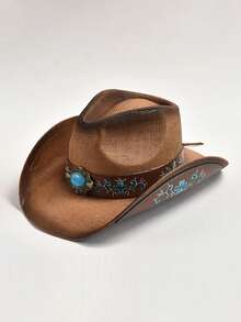 1頂男女編織草牛仔帽,新西部風格經典草製牛仔帽,寬邊遮陽帽 - 棕色 - 查看 2