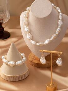 1pc Geometric Shaped Faux Pearl Chain Necklace, 1pc Faux Pearl Chain Bracelet, 1pair Faux Pearl Dangle Earrings Set For Elegant Women As Gift - White - View 2