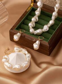 1pc Geometric Shaped Faux Pearl Chain Necklace, 1pc Faux Pearl Chain Bracelet, 1pair Faux Pearl Dangle Earrings Set For Elegant Women As Gift - White - View 3
