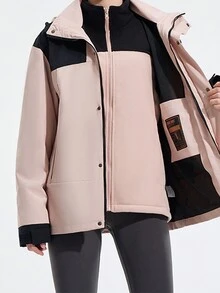 女士春秋戶外薄款登山防風透氣情侶款軟殼外套 - 粉色 - 查看 6