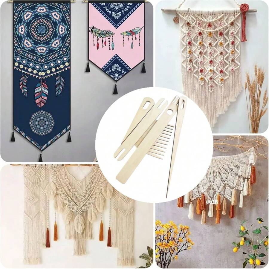 Set de 5pcs de telar de madera, incluyendo lanzadera de tejido de madera y peine de tejer, herramientas DIY para tejer y hacer manualidades de tejido - Blanco - Ver 1
