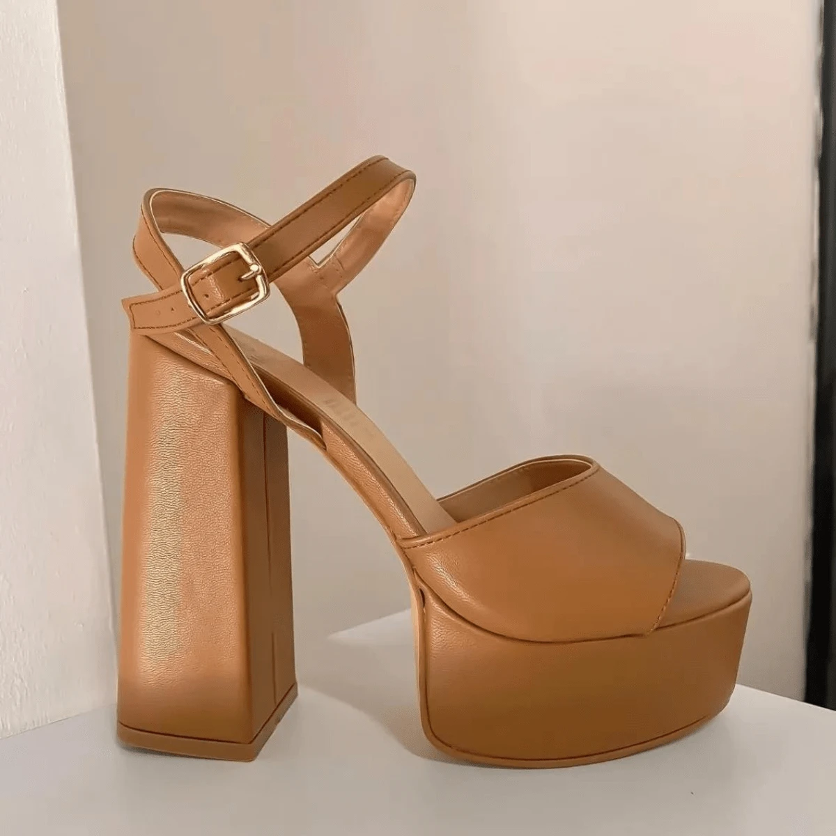 Zapatillas Mujer Con Plataforma Tacón Ancho - Camel - Ver 1