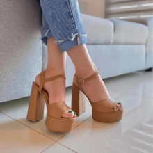 Zapatillas Mujer Con Plataforma Tacón Ancho - Camel - Ver 2