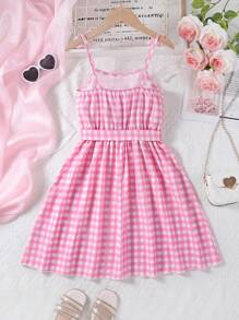 少女粉色格紋休閒舒適夏季背心連帶腰帶裙 - 粉色 - 查看 2