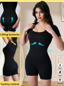 1 件女式黑色无缝柔软连体裤，带腰带，适合跑步和瑜伽训练，短袖