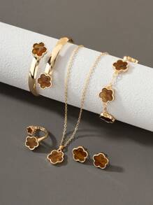 1 套：1 条幸运四叶草吊坠项链、1 条手链、1 对耳环、1 枚戒指、1 只手镯、女士珠宝套装 - 棕色 - 查看 4