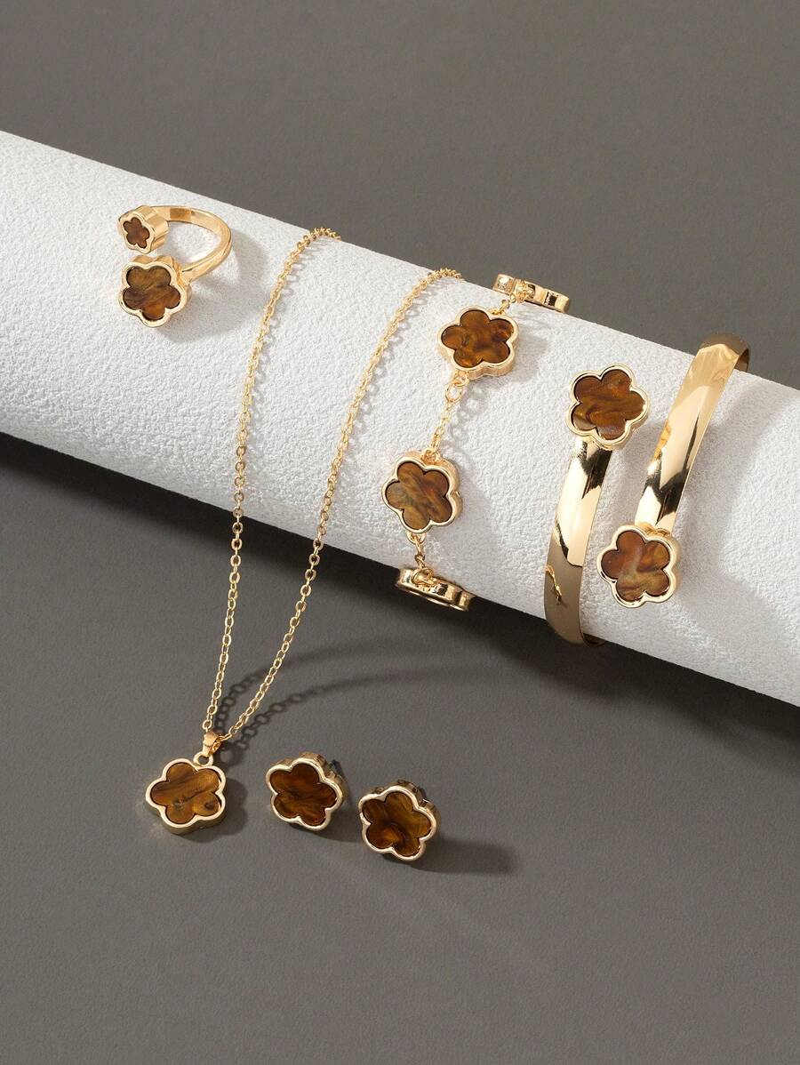 1 套：1 条幸运四叶草吊坠项链、1 条手链、1 对耳环、1 枚戒指、1 只手镯、女士珠宝套装 - 棕色 - 查看 1