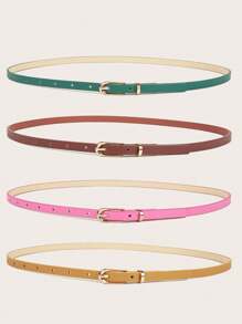 4pcs Women Classic PU Leather Belt Solid Color Simple Skinny Belt With Square Buckle For Pants Summer, School Fall, Autumn, Halloween