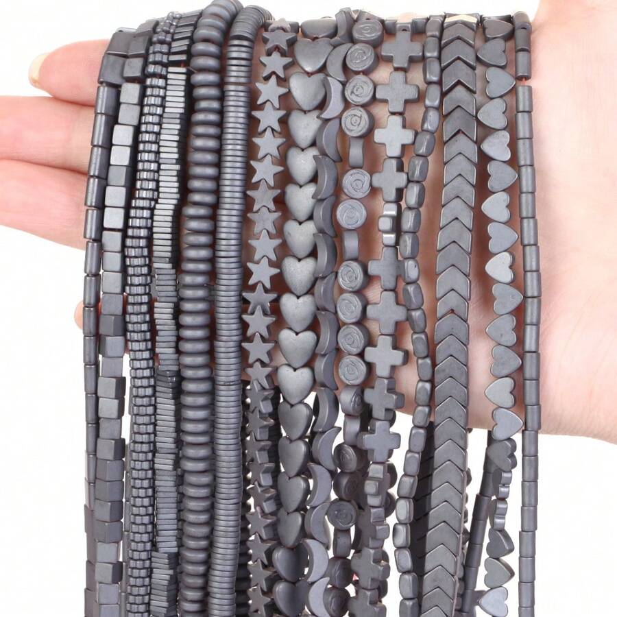 1條天然赤鐵礦石黑色啞面幾何圖案愛心立方圓珠珠寶製作配件耳環項鍊diy配件 15"