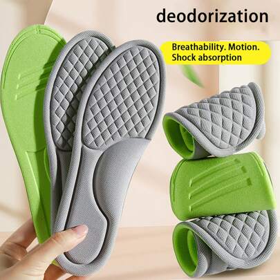 1双双层除臭绿色按摩鞋垫，厚度因尺码而异（女士请参考尺码表，男士建议选择L码或2码）。吸湿排汗、透气舒适、防滑鞋垫，有效缓解长时间站立带来的疲劳。鞋跟支撑部分可修剪，以获得更舒适湿润的穿着体验。请勿留下差评，谢谢！