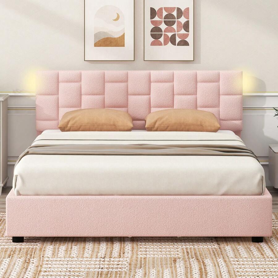 MISSUNNY Queen Size Upholstered Platform Bed With Adjustable Headboard And Under-Bed Storage Space,Pink - 粉色 - 查看 1