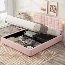 MISSUNNY Queen Size Upholstered Platform Bed With Adjustable Headboard And Under-Bed Storage Space,Pink - 粉色 - 查看 3