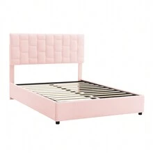 MISSUNNY Queen Size Upholstered Platform Bed With Adjustable Headboard And Under-Bed Storage Space,Pink - 粉色 - 查看 5