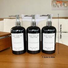 3 Stücke Set schwarze runde Pumpflaschen mit Schulterdruckspender, beschriftet mit wasserfesten Aufklebern. Kann für die Ausgabe von Badeprodukten wie Shampoo, Conditioner, Duschgel, Körperlotion, Gesichtsreiniger und Handcreme verwendet werden. Inklusive ABS-beschichteter Pumpen zum Nachfüllen und Ersetzen. Kann zur Dekoration des Zuhauses und als Badezimmer-Accessoire verwendet werden. Heim-Badezimmer-Dekoration, Herbstdekoration, Rückkehr zur Schule - Schwarz - Übersicht 2