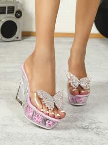 Giày múa cột gợi cảm, sandal đế xuồng đính pha lê trong suốt, thích hợp cho biểu diễn, đám cưới, tiệc tùng, hộp đêm, mùa xuân/hè. - Hồng - Xem 3