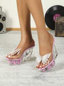 Giày múa cột gợi cảm, sandal đế xuồng đính pha lê trong suốt, thích hợp cho biểu diễn, đám cưới, tiệc tùng, hộp đêm, mùa xuân/hè. - Hồng - Xem 2