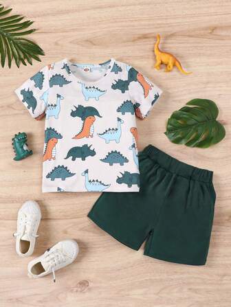 Young Boy Summer Cartoon Dinosaur Printed Short Sleeve T-Shirt And Solid Shorts Set