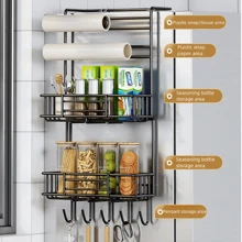 Refrigerator Storage Shelf Kitchen Multi-Functional Seasoning Rack With Hanging Hooks And Storage For Plastic Wrap And Paper Towels Without Drilling - Black - View 1