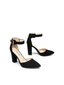 Women's Chunky High Heels Pumps Ankle Strap Closed Pointed Toe Elegant Fashionable Comfortable Dating Wedding Party Dress Shoes - 黑色 - 查看 8