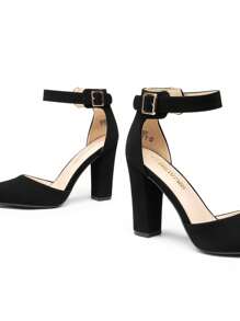Women's Chunky High Heels Pumps Ankle Strap Closed Pointed Toe Elegant Fashionable Comfortable Dating Wedding Party Dress Shoes - 黑色 - 查看 7