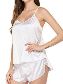 Women Stain Pajamas Set Stain Sexy V Neck Lingerie Camisole Shorts Nightwear Set Soft Rayon 2 Piece Pjs Sleepwear White Set - 白色 - 查看 2