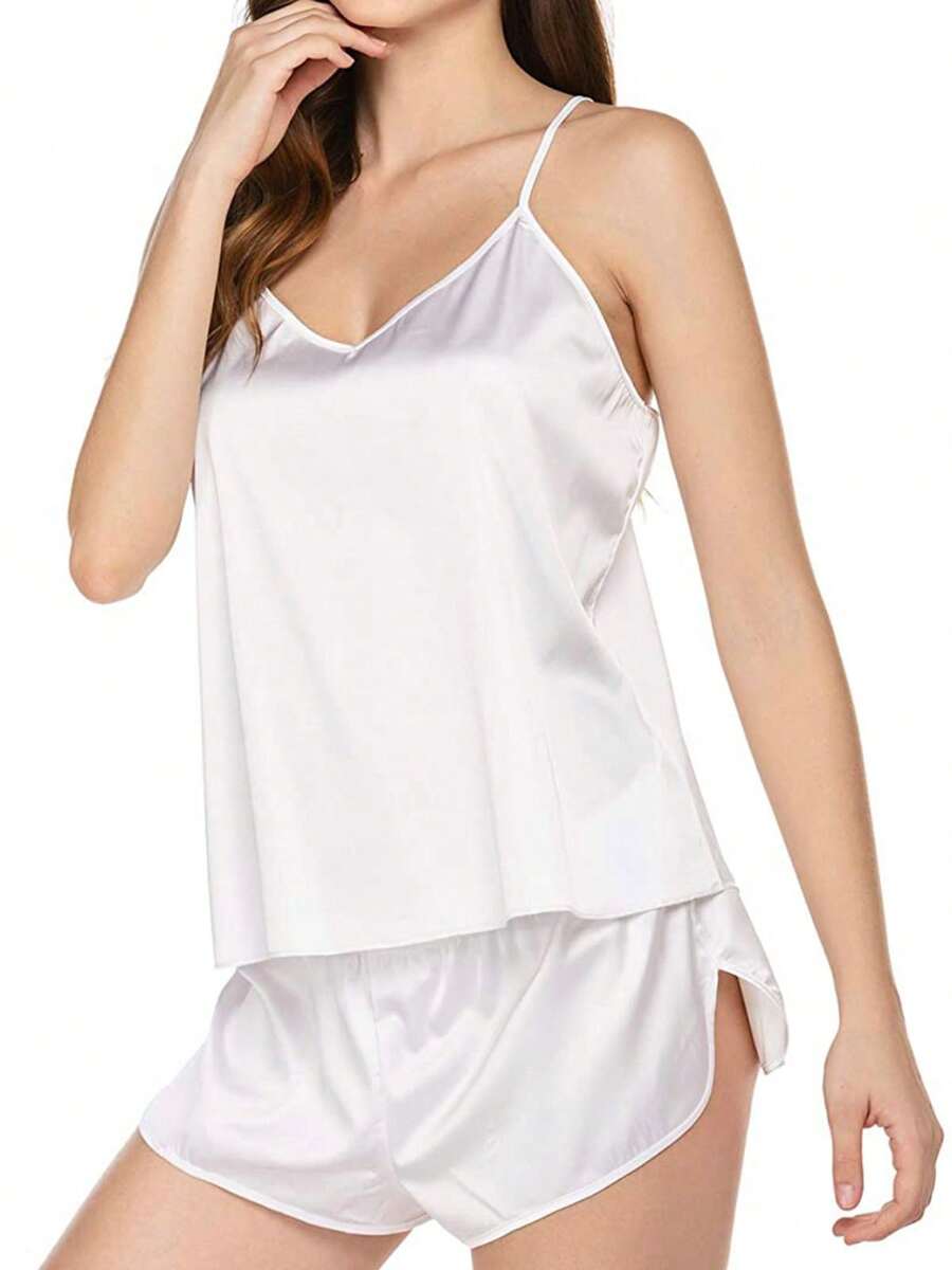 Women Stain Pajamas Set Stain Sexy V Neck Lingerie Camisole Shorts Nightwear Set Soft Rayon 2 Piece Pjs Sleepwear White Set - 白色 - 查看 1