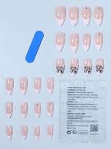 24入組杏仁白色法式壓克力假指甲，3D蝴蝶結與假珍珠設計，附帶1pc果凍膠和1pc指甲文件，適用於女性和女孩日常工作和派對使用的指甲用品 - 彩色 - 查看 3