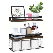 Repisas flotantes minimalistas, estantes de madera de pared, juego de 2 estante de almacenamiento para baño, cocina, oficina, dormitorio - Café integral - Ver 1