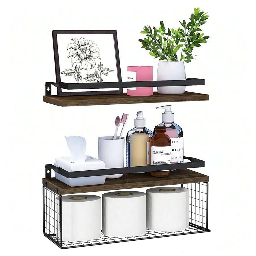 Repisas flotantes minimalistas, estantes de madera de pared, juego de 2 estante de almacenamiento para baño, cocina, oficina, dormitorio - Café integral - Ver 1